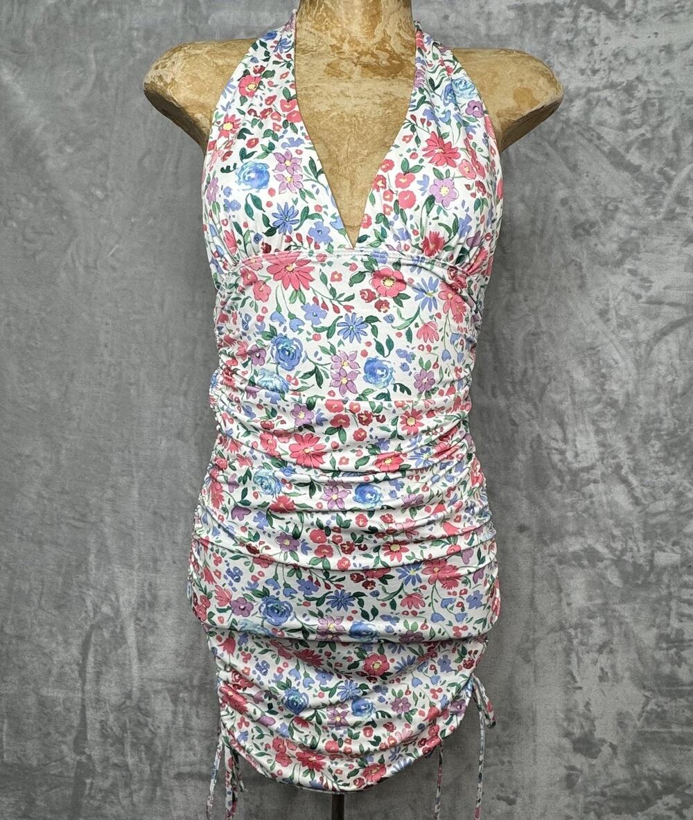 Princess Polly Dress Womens 4 White Floral Halter Ruched Mini Bodycon Side Tie